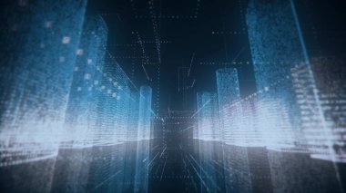 Soyut modern şehrin neon dijital modelinde uçuyor. Siyah arka planda mavi ve beyaz renklerde numaralar ve ızgaralardan oluşuyor. İş, bağlantılar ve dijital teknoloji kavramı. 3d hazırlama 4k