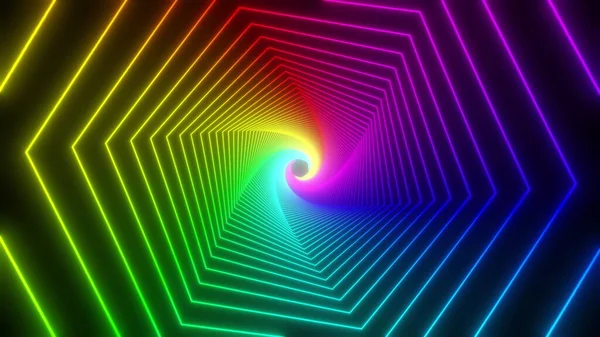 Arco iris brillo hexágono túnel bucle. Animación 4K sin costuras. Fondo de pantalla de movimiento abstracto con caja de bucle animado. Marcos de neón brillantes con colores brillantes sobre un fondo negro. Renderizado 3D —  Fotos de Stock