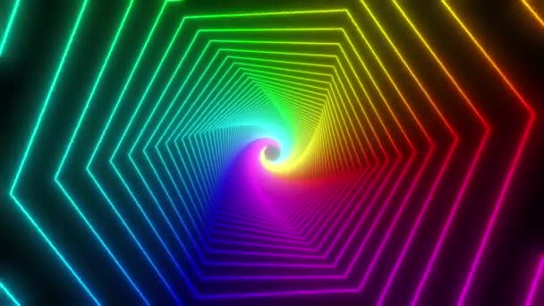 Rainbow glöd hexagon tunnel loop. Sömlös 4K-animation. Abstrakt rörelse skärm bakgrund med animerad loop box. Glödande neon ramar med ljusa färger på en svart bakgrund. 3D-rendering — Stockvideo