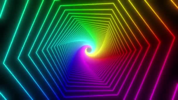 Regenboog gloeien zeshoek tunnel lus. Naadloze 4K animatie. Abstract bewegingsscherm achtergrond met geanimeerde loop box. Gloeiende neon frames met felle kleuren op een zwarte achtergrond. 3D-weergave — Stockvideo