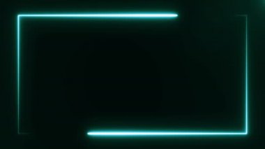 Siyah arkaplanda parlak mavi neon çizgiler ekran sınırında dikdörtgen çerçeve oluşturuyor. Soyut arkaplan 3D görüntüleme 4k.