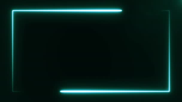 Helle azurblaue Leuchtlinien auf schwarzem Hintergrund bilden einen Rechteckrahmen am Bildschirmrand. Abstrakter Hintergrund 3D-Rendering 4k-Video. — Stockvideo