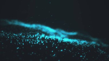 Koyu arkaplanda soyut mavi parçacık dalgası.