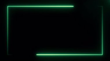 Ekran kenarındaki parlak yeşil neon dikdörtgen çerçevenin sanat, ticari ve ticari konsept hareket arkaplanı siyah arkaplanda iki hareketli çizgi tarafından oluşturuldu. Dijital soyut 3D görüntüleme 4k.