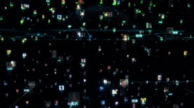 Gezegen modelinin arka planında mavi çizgilerle birbirine bağlı insanların portrelerini sosyal ağla birleştiren büyük veri kavramının hareketli video görüntüleri. 4K içinde görüntülenmiş 3B özet.