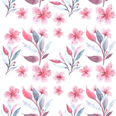 Dikişsiz çiçek botanik desen. Sulu boya çiçekler. Hassas pastel renkler. İçin kumaş, paketleme, seramik, kapakları, kartpostallar, düğünler. Pembe çiçekler, yapraklar üzerinde beyaz bir arka plan.