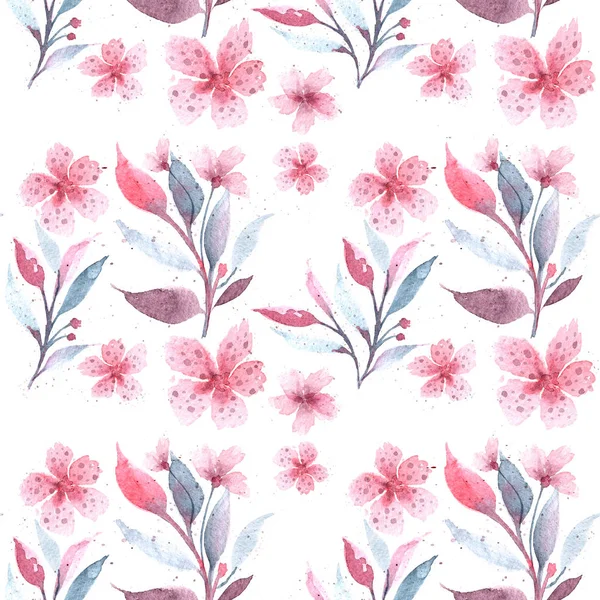 无缝花卉植物图案 水彩花 细腻柔和的色彩 用于布料 明信片 粉红色的花朵 在白色背景上的叶子 — 图库照片