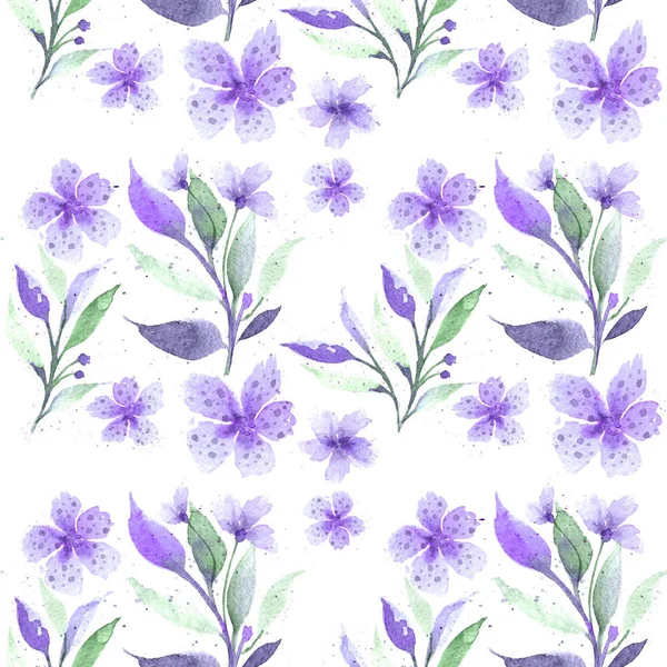 无缝花卉植物图案 水彩花 细腻柔和的色彩 用于布料 明信片 紫色的花朵 在白色背景上的叶子 — 图库照片