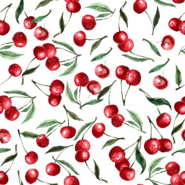 Dikişsiz desen suluboya berry kiraz ve yaprakları. Yinelenen arka plan. Elle çizilmiş şekil. Beyaz izole.