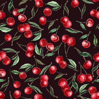 Dikişsiz desen suluboya berry kiraz ve yaprakları. Yinelenen arka plan. El çizimi Isolated Bordo bir arka plan üzerinde çekilmiş..