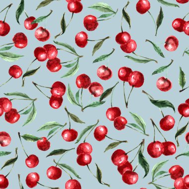 Dikişsiz desen suluboya berry kiraz ve yaprakları. Yinelenen arka plan. Resimde Isolated el çekilmiş