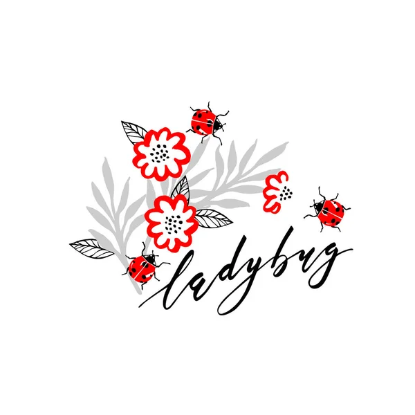 Ladybugs, leaves and flowers on white background.