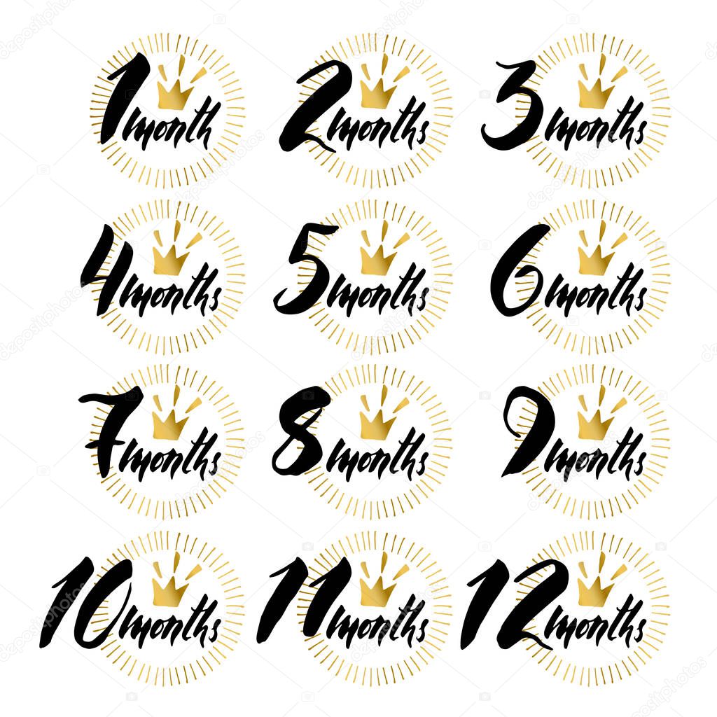 Monthly baby milestone  with  lettering elements. Vector illustration. Black with gold on a white background.