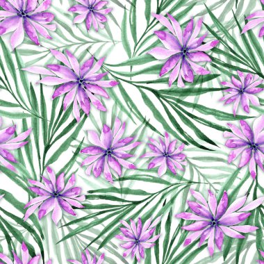 Dikişsiz desen egzotik yaprak ve çiçek. Beyaz zemin üzerine suluboya resim.