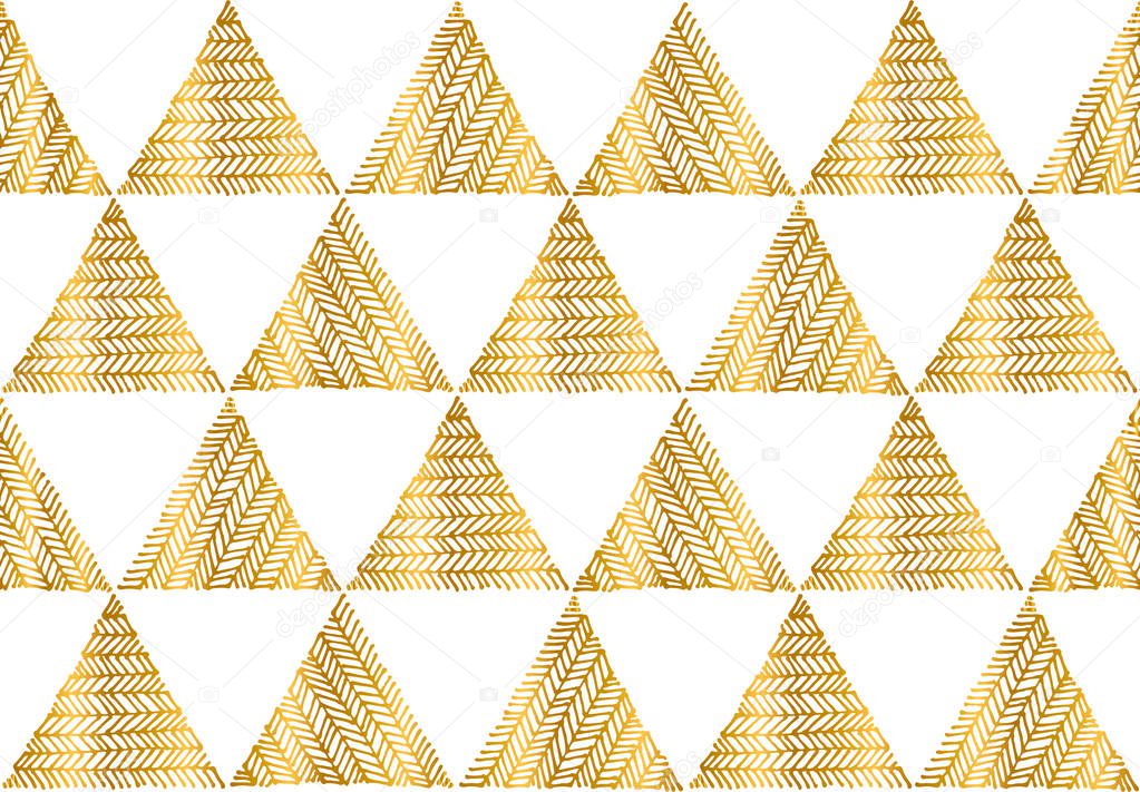 Seamless ethnic hand drawn gold geometric pattern on white