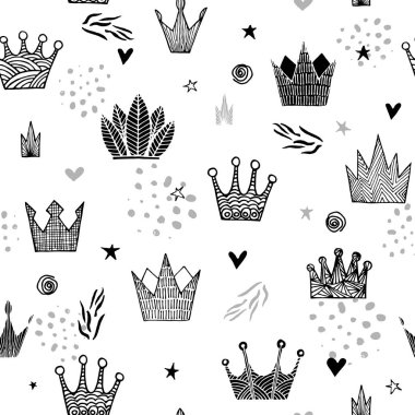 Doodle kroki kron tasarımınız için seamless modeli. Beyaz arka plan üzerinde prenses diadem sembolü, izole kron illüstrasyon, çocuk tema, güzellik ve moda kavramı alışveriş doodle. Vektör çizim.