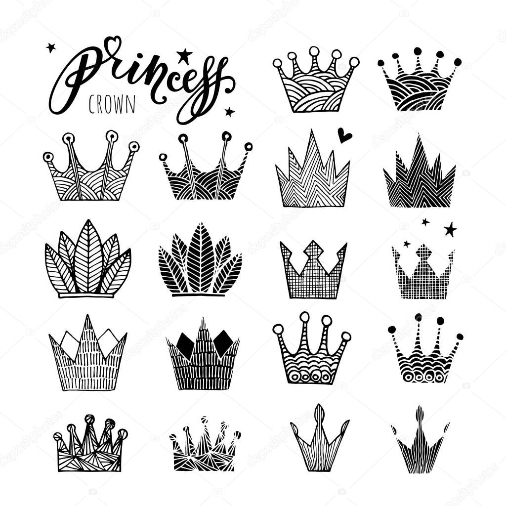 Set of doodle sketch crowns for your design. Crowns logo set isolated on white background, princess diadem symbol, doodle illustration, beauty and fashion shopping concept. Vector illustration.