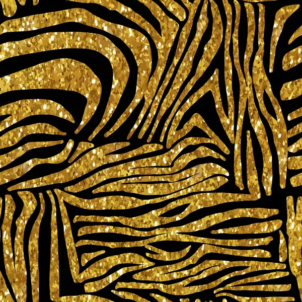 Zebra skin. Golden glitter seamless pattern on black. Elegant te — Stock Vector