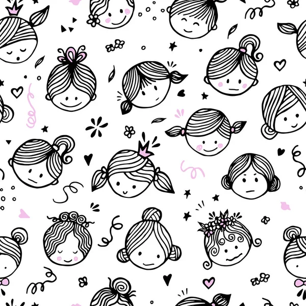 Seamless pattern cute girlish faces with different emotions. Ide — Stock Vector