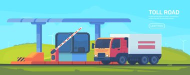 Checkpoint on the toll road. Booth with boom barrier Web banner. Vector flat illustration. clipart