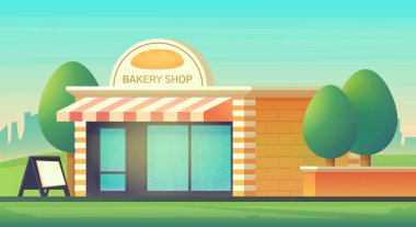 Pastane dükkanı cephe. Cafe bina. Vektör düz stil çizim.