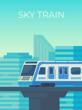 Gökyüzü Tren İstasyonu şehir içinde hareketli. Hızlı transit sistemi kitle. Vektör düz çizim.