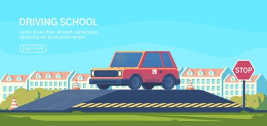 Sürücü kursu. Pratik test sürüş becerilerini geliştirmek için egzersizler ve manevralar. Düz vektör çizim.