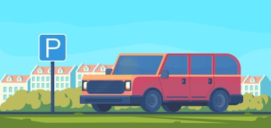 Şehir içinde araba park yeri. Park alanı için oturum açın. Düz vektör çizim.