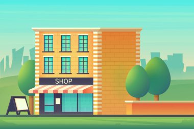 Mini market veya dükkan mağaza. Bir cam sırlı Mağazası ile bina dükkanı. Şehir manzarası. Vektör düz stil çizim.