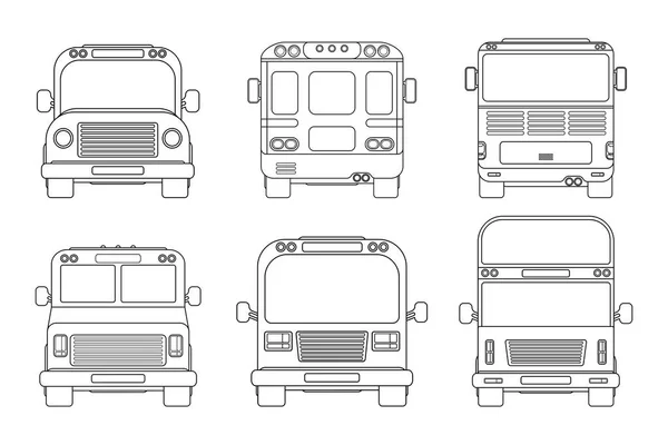 Conjunto de varios autobuses urbanos. Vista frontal y trasera. Ilustración vectorial de contorno aislado en blanco . — Vector de stock