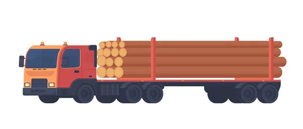 Camion di registrazione isolato su sfondo bianco. Camion con rimorchio per il trasporto di legno grezzo e prodotti in legno. Industria forestale. Illustrazione in stile piatto vettoriale . — Vettoriale Stock