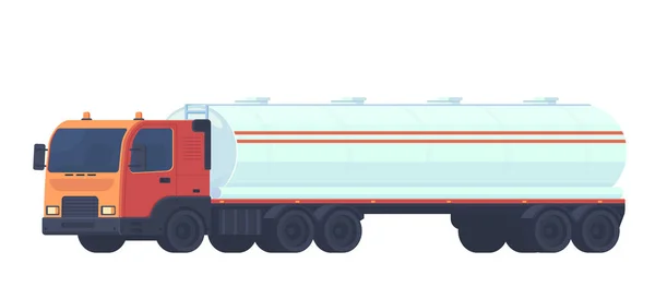 Tank vrachtwagen transport, olie, benzine naar gas stations, water en vloeibare stoffen. Oplegger met een reservoir voor een vloeistof. Platte vectorillustratie. — Stockvector