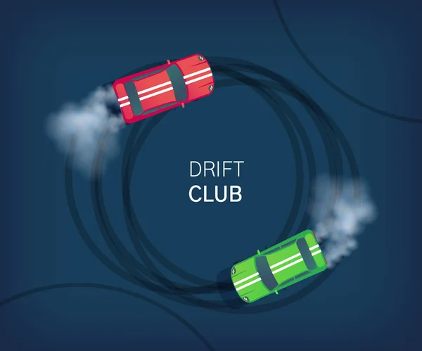 Club poster veya web afiş drift. Spor araba yarış pistinde sürüklenen. Motor sporları Yarışması. Üstten görünüm düz stil vektör çizim.