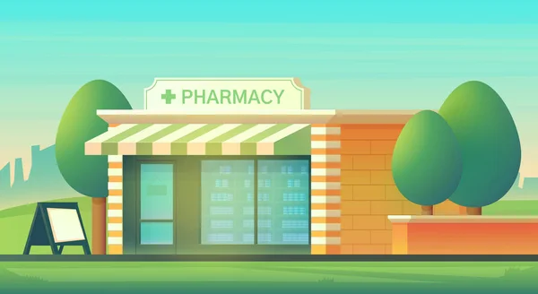 De gevel van de apotheek winkel. Tijdschrift voor de verkoop van geneesmiddelen op recept medicijnen. Vlakke stijl vectorillustratie. — Stockvector