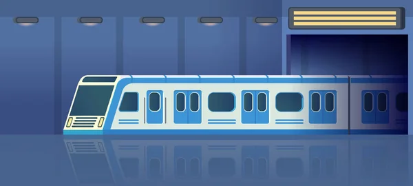 Transporte ferroviario de metro o metro en túnel en movimiento en la estación. Pasajero moderno tren eléctrico de alta velocidad. Transporte público subterráneo. Ilustración plana del vector . — Vector de stock