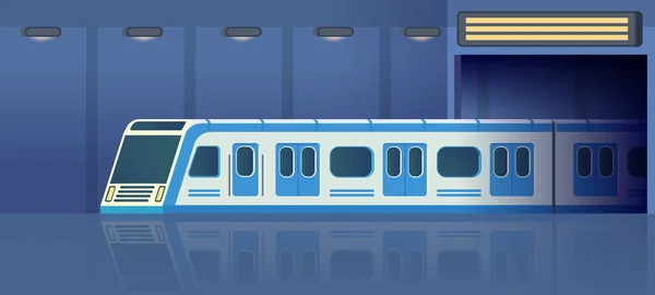 Torami kolejowymi lub metra transportu w ruchu na stacji tunel. Osobowe nowoczesny elektryczny pociąg. Podziemnego transportu publicznego. Ilustracja wektorowa płaskie. — Wektor stockowy