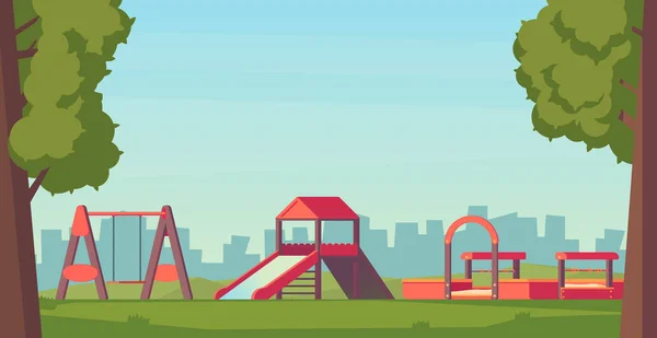 Parque infantil ou parque. As crianças jogam complexo com slide, swing e sandbox. Ilustração em estilo plano vetorial . —  Vetores de Stock