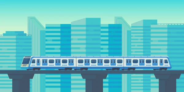 Sky train moving to station in city. Mass rapid transit system. Vector flat illustration.