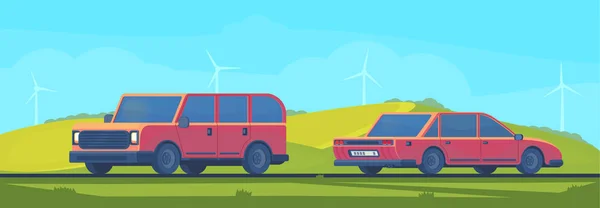 Flache Vektor-Illustration der Outdoor-Sommer- oder Frühlingslandschaft mit Auto auf der Straße. Anreise mit dem Auto. — Stockvektor