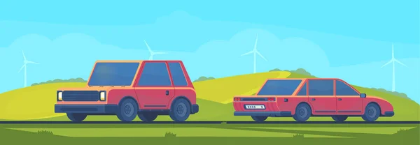 Platte vectorillustratie van buiten zomer of lente landschap met de auto op weg. Reis met de auto. — Stockvector