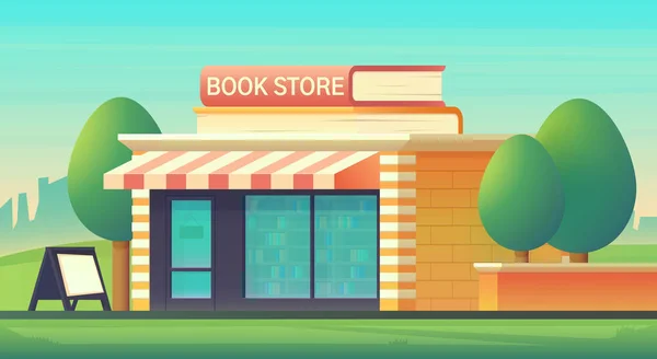 Edificio de librería en paisaje urbano con libros en forma de letreros. Edificio de la tienda con un escaparate acristalado. Ilustración de estilo plano vectorial . — Vector de stock