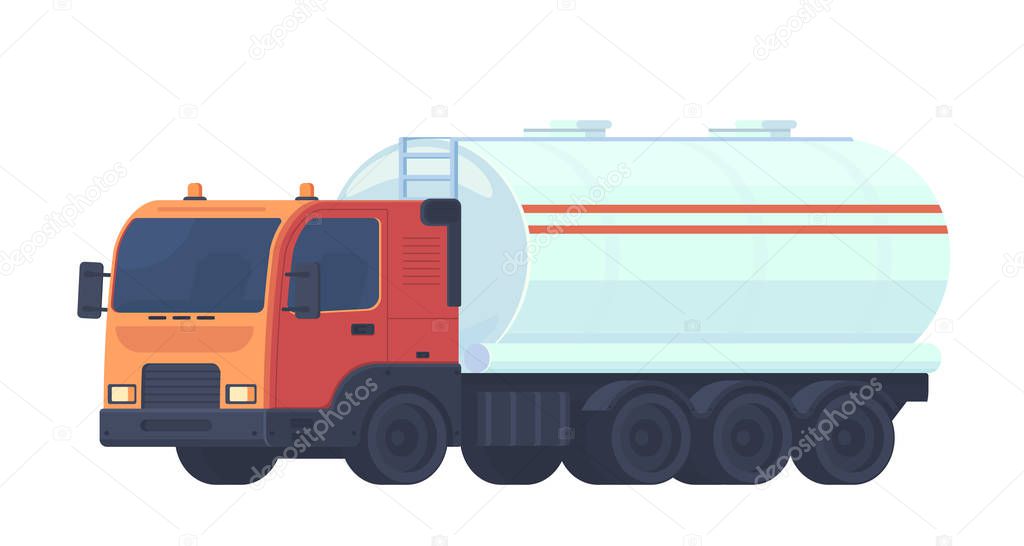 Tank truck transportation, oil, gasoline to gas stations, water and liquid substances. Semitrailer with a reservoir for fluid. Vector flat illustration.