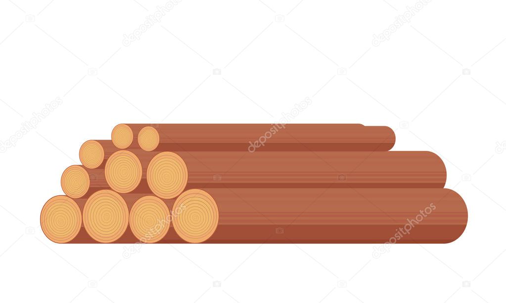 Raw log or wood stack for further processing in the forest industry or for use as fuel. Vector flat style illustration isolated on white.