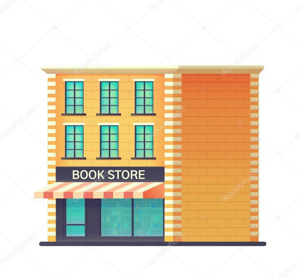 Book shop store in a residential building isolated on white background. Shop building with a glass-glazed storefront. Vector flat style illustration.