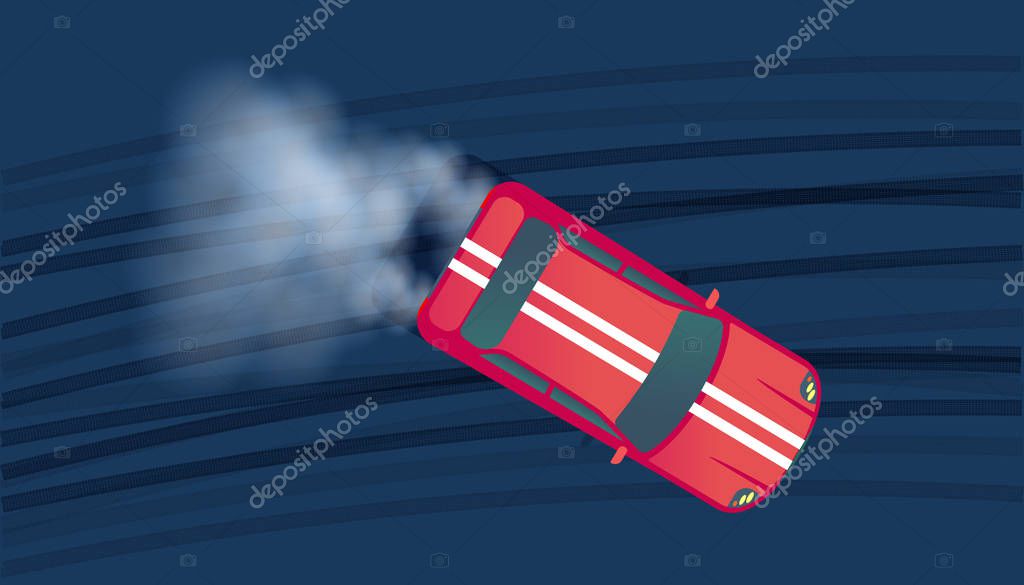 Sport red modern car drifting on race track. Motorsport competition. Top view vector illustration.