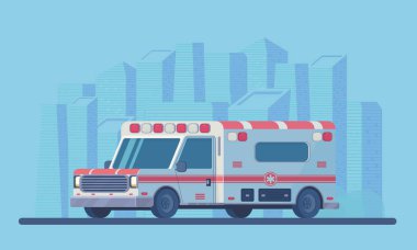 Ambulans araba ile şehir scyscraper manzara. İlk yardım tıbbi araç. Vektör düz stil.