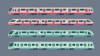 Yolcu modern elektrikli yüksek hızlı tren kümesi. Tren metro veya metro ulaşım. Yeraltı taşıma. Vektör düz illüstrasyon izole beyaz.