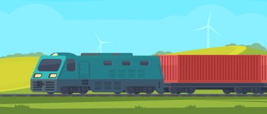 Yük treni konteyner tren araba ile. Demiryolu taşımacılığı. Dağlık bir alanda doğa manzara. Vektör düz çizim.