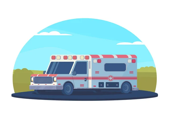 Carro de ambulância na estrada fora da cidade. Veículo médico de primeiros socorros. Estilo plano vetorial . — Vetor de Stock