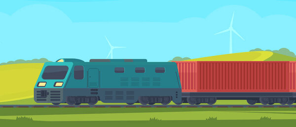 Freight train with container on railway car. Transportation by railroad. Nature landscape in a hilly area. Vector flat illustration.